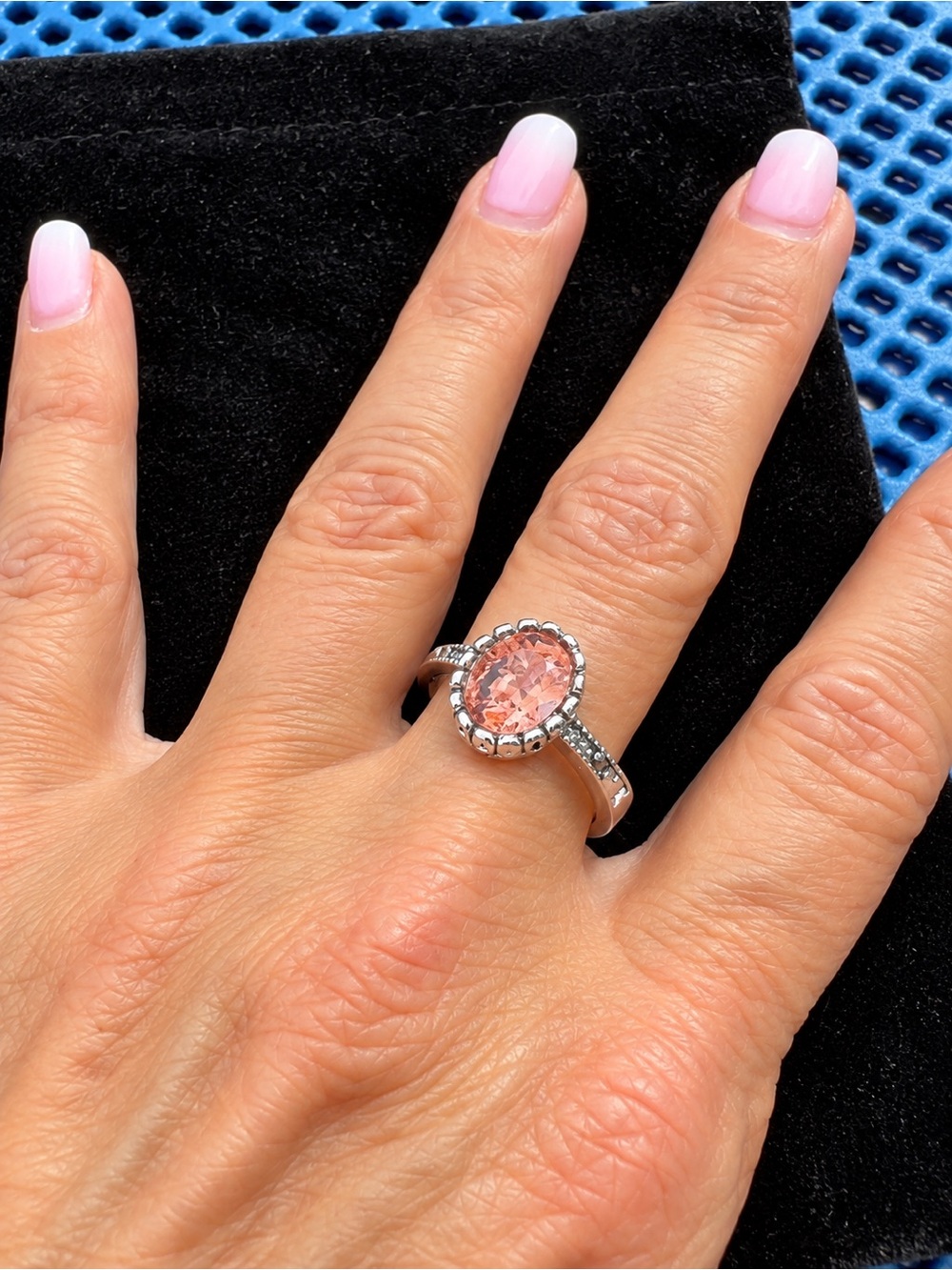 925 Sterling Silver Peach Pink Gemstone Ring Oval Beveled Marcasite Style 8.5